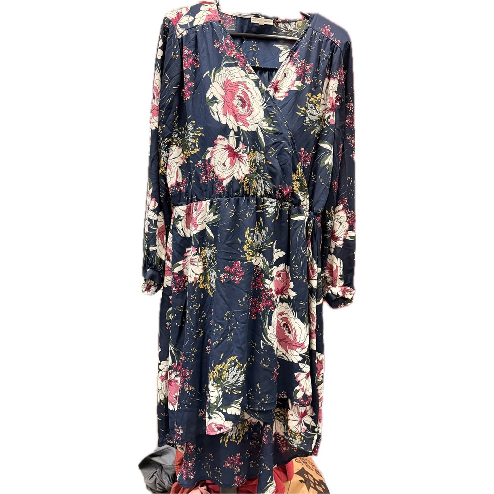 Maurices Women Navy Blue Floral Faux Wrap High Low Dress XL Long Sleeve Boho